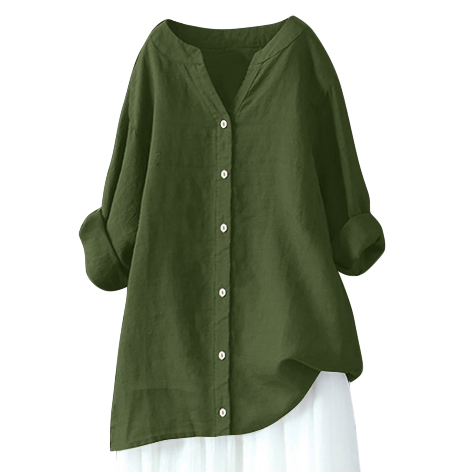 thumbnail image 4 of Blusa holgada con botones para mujer - Camisa informal de manga larga y color liso - Cuello en V, elegante, ideal para el trabajo diario y los viajes - Para todas las estaciones, tallas S-XXXXXL, 4 of 4